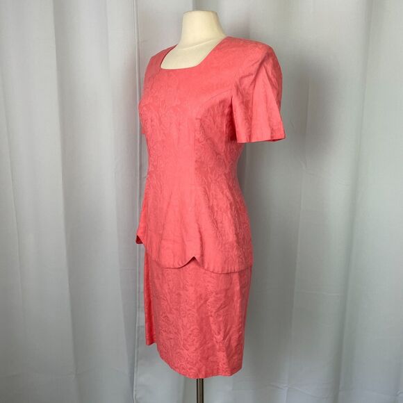 Vintage 80s Dress Size 8 Pink Coral Drop Waist Minimal Secretary Cocktail Retro - Picture 5 of 16
